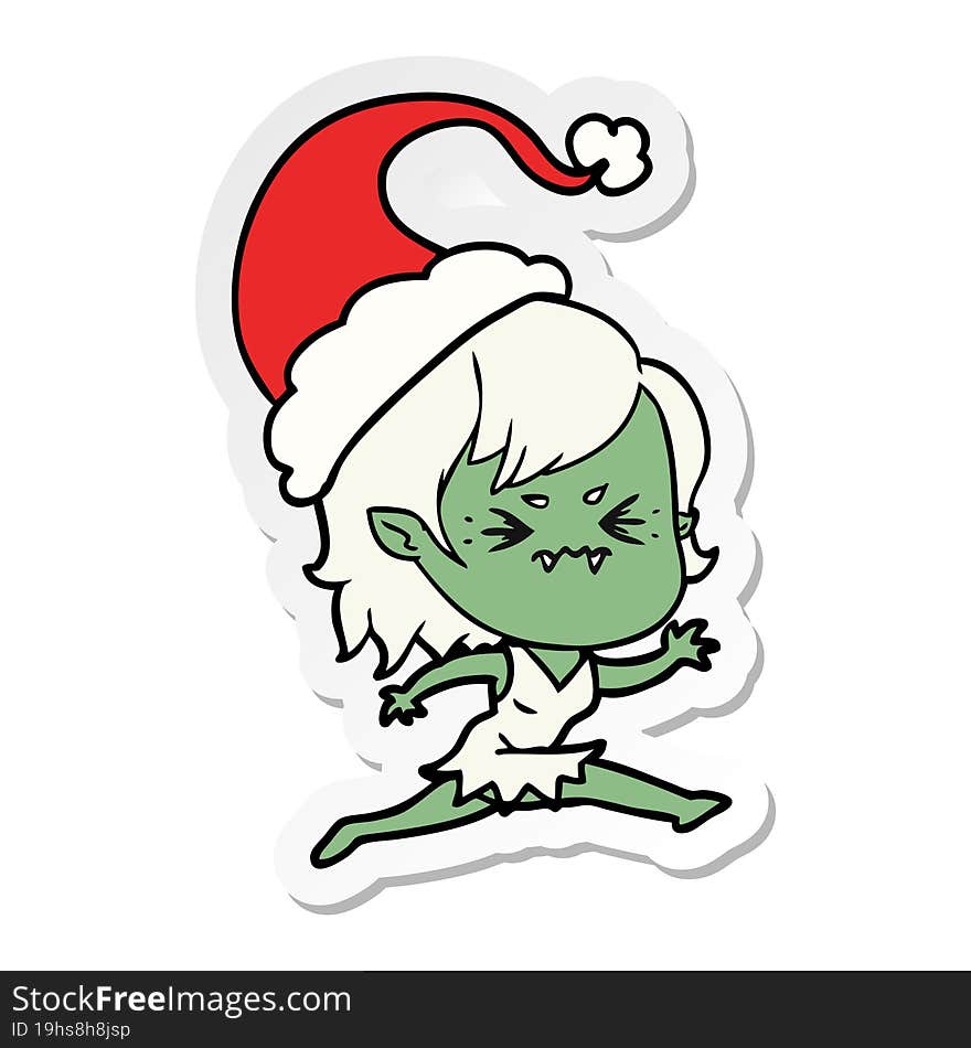 annoyed hand drawn sticker cartoon of a vampire girl wearing santa hat. annoyed hand drawn sticker cartoon of a vampire girl wearing santa hat