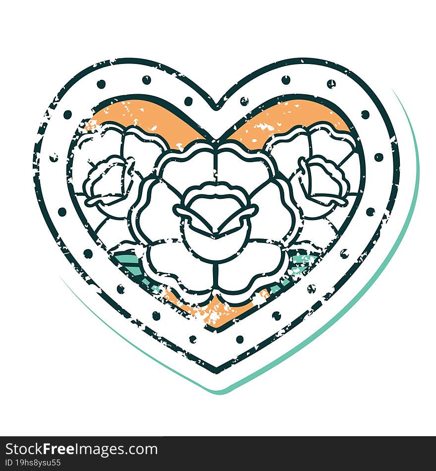 distressed sticker tattoo style icon of a heart and flowers