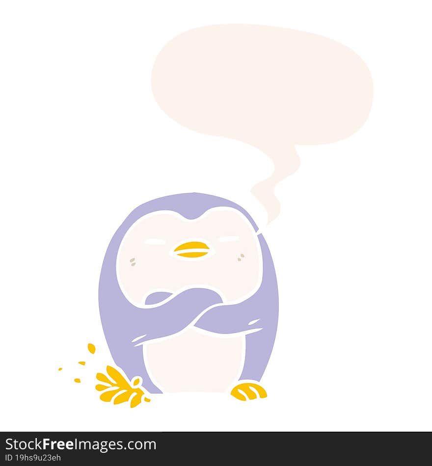 cartoon penguin tapping foot with speech bubble in retro style