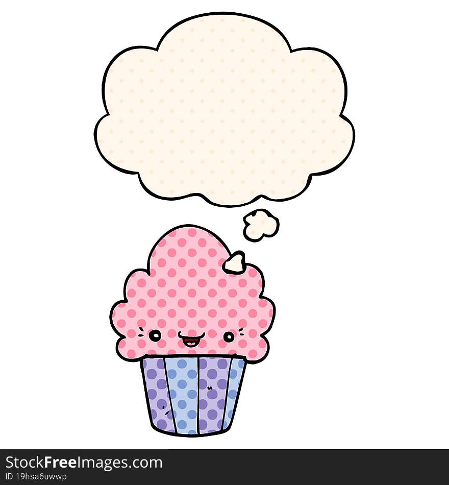 cartoon cupcake with face and thought bubble in comic book style