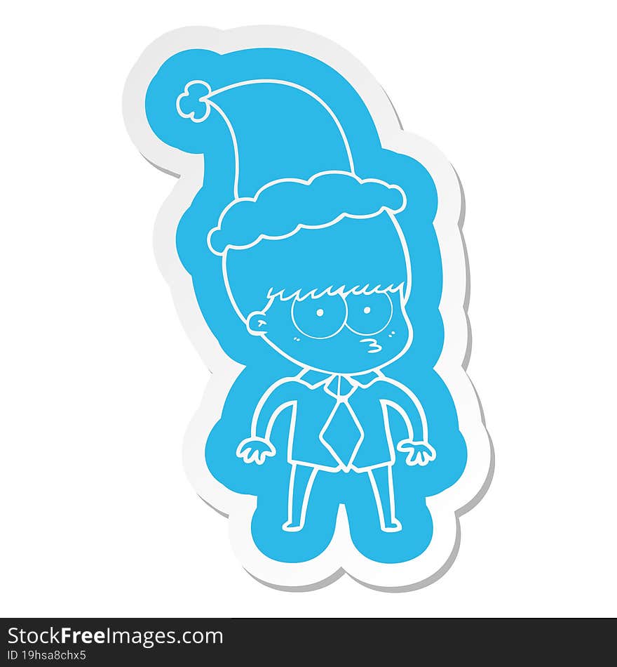 nervous cartoon  sticker of a boy wearing shirt and tie wearing santa hat