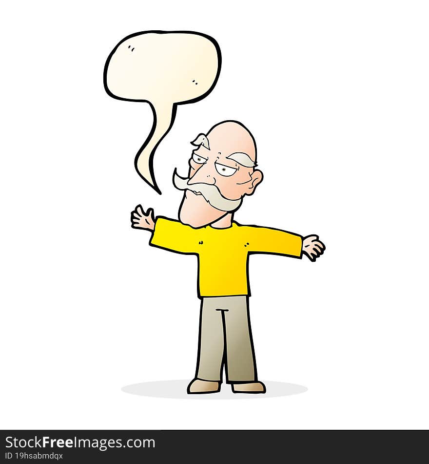 cartoon old man spreading arms wide with speech bubble