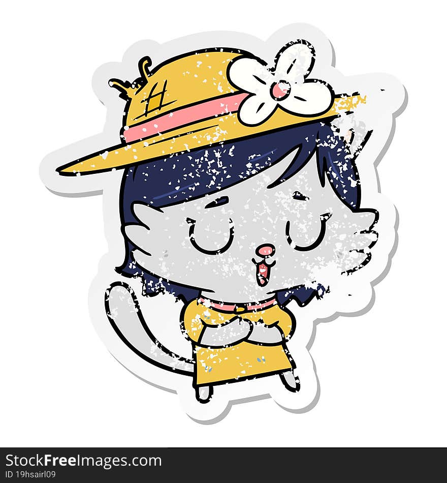 Distressed Sticker Of A Cartoon Cat Wearing Hat