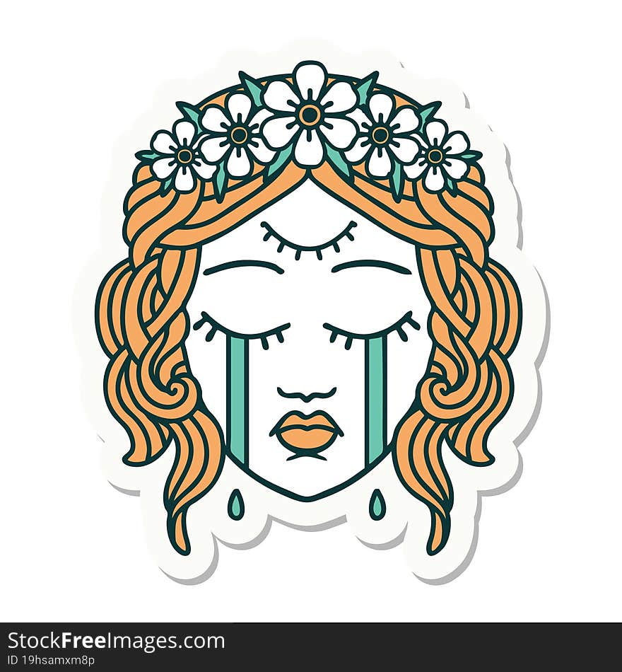 tattoo style sticker of female face crying with third eye