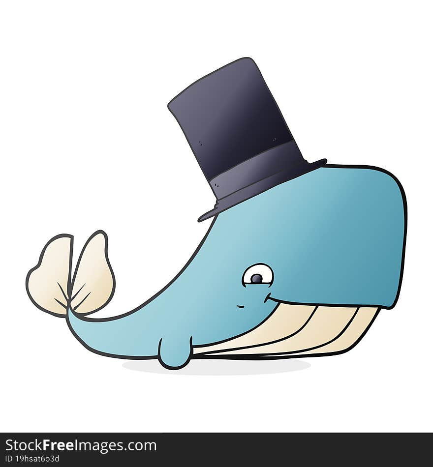 freehand drawn cartoon whale in top hat