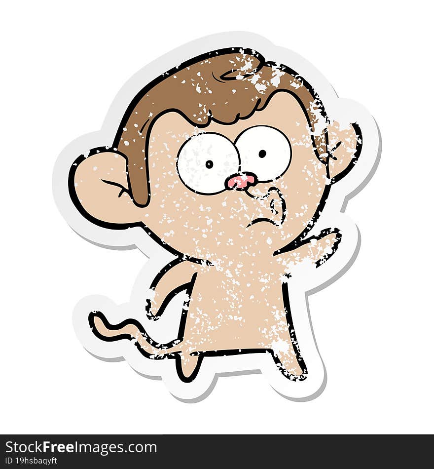 distressed sticker of a cartoon hooting monkey