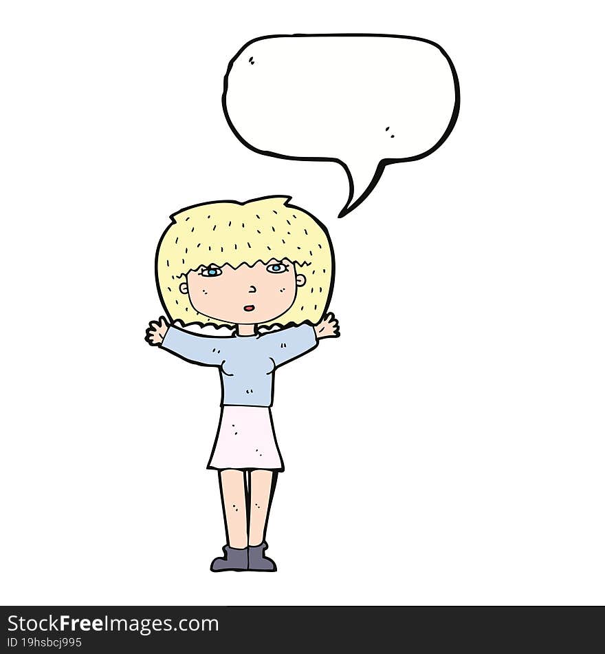 cartoon woman raising arms in air with speech bubble