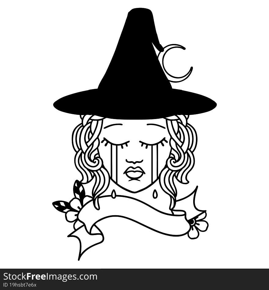 Black and White Tattoo linework Style human witch character face. Black and White Tattoo linework Style human witch character face