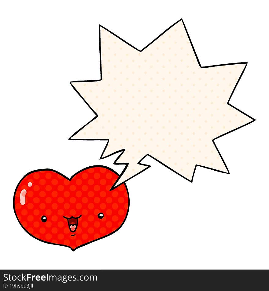 cartoon love heart character with speech bubble in comic book style