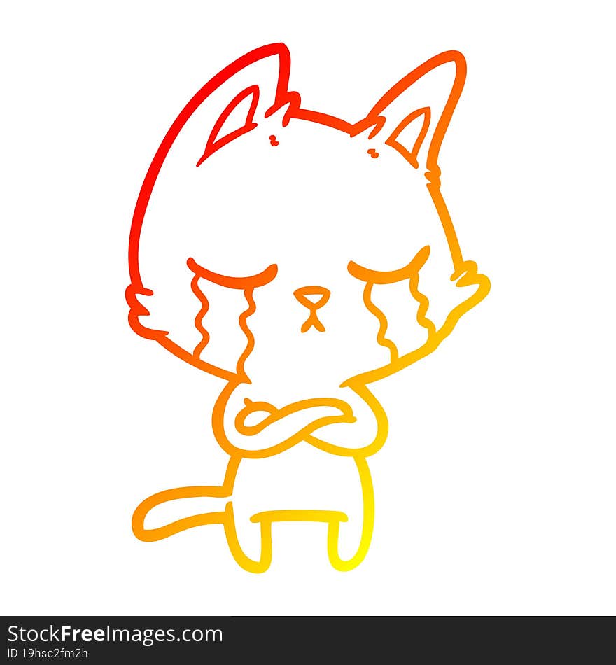 warm gradient line drawing crying cartoon cat with folded arms