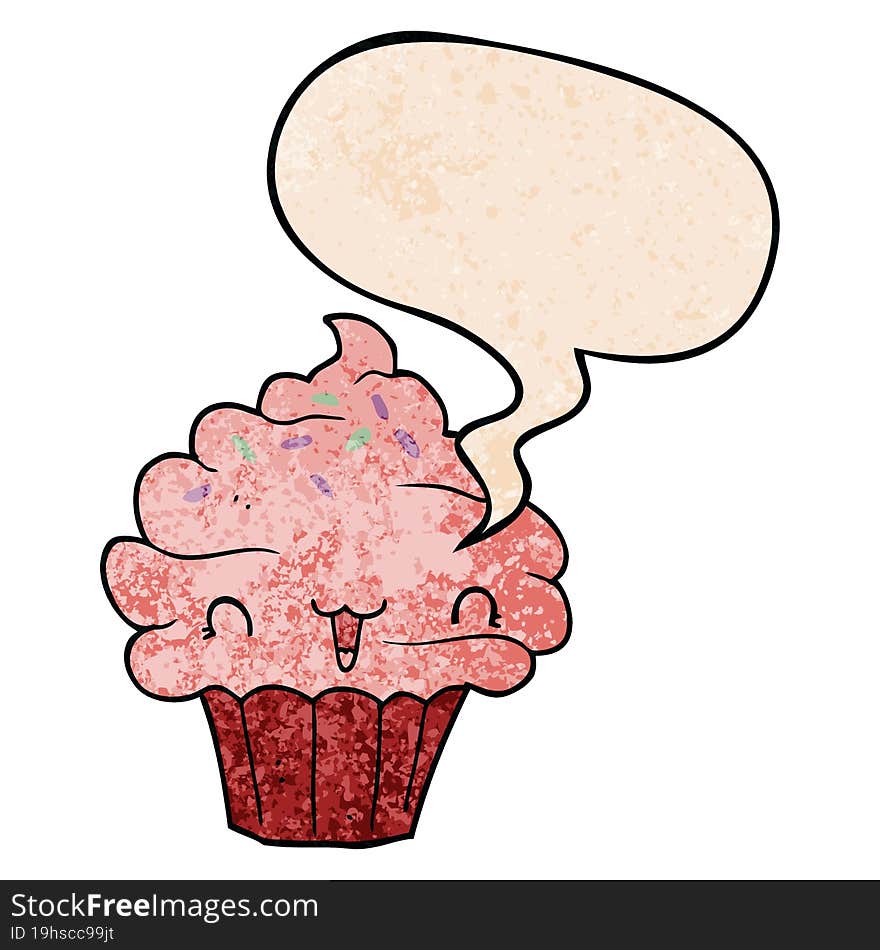 cute cartoon frosted cupcake with speech bubble in retro texture style