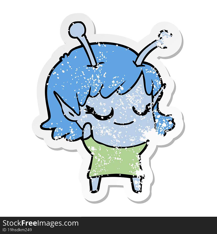 distressed sticker of a smiling alien girl cartoon