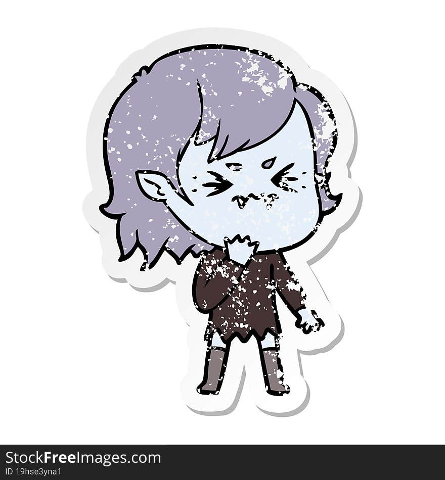 distressed sticker of a annoyed cartoon vampire girl