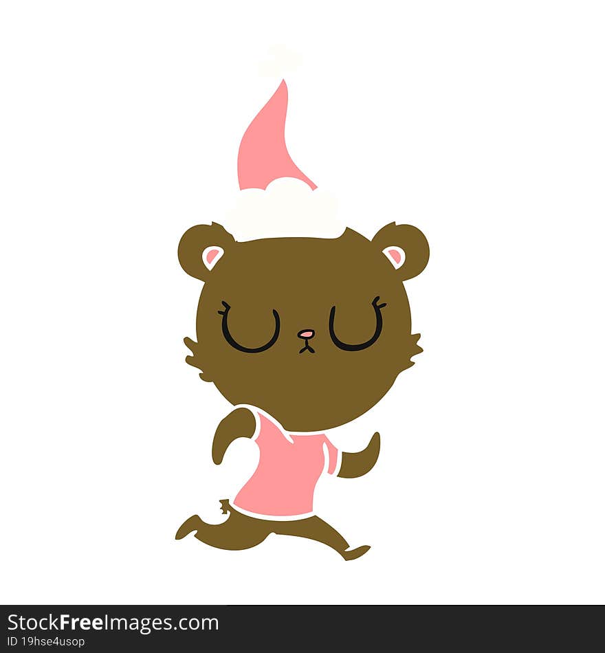 peaceful flat color illustration of a bear running wearing santa hat