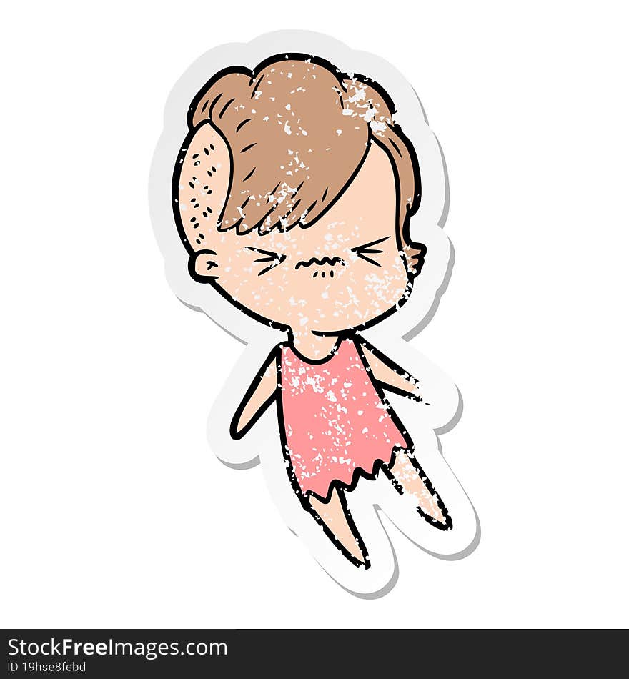 distressed sticker of a cartoon annoyed hipster girl