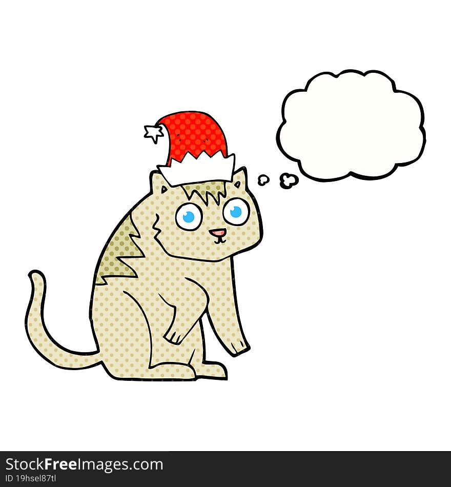 freehand drawn thought bubble cartoon cat wearing christmas hat