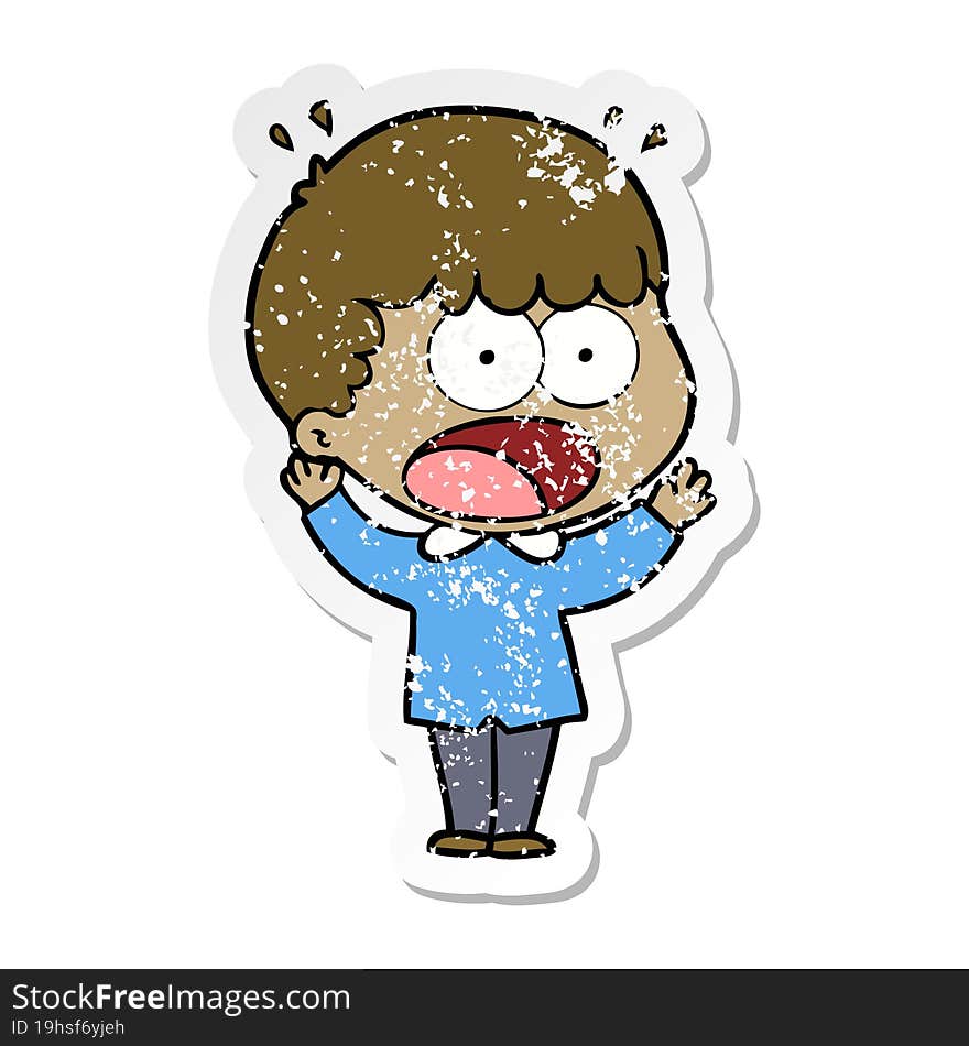 distressed sticker of a cartoon shocked man