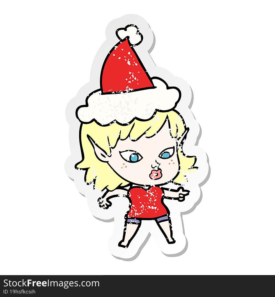 pretty distressed sticker cartoon of a elf girl wearing santa hat