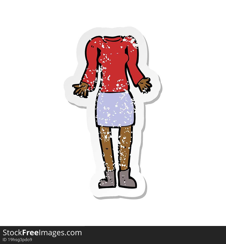 retro distressed sticker of a cartoon female body with shrugging shoulders