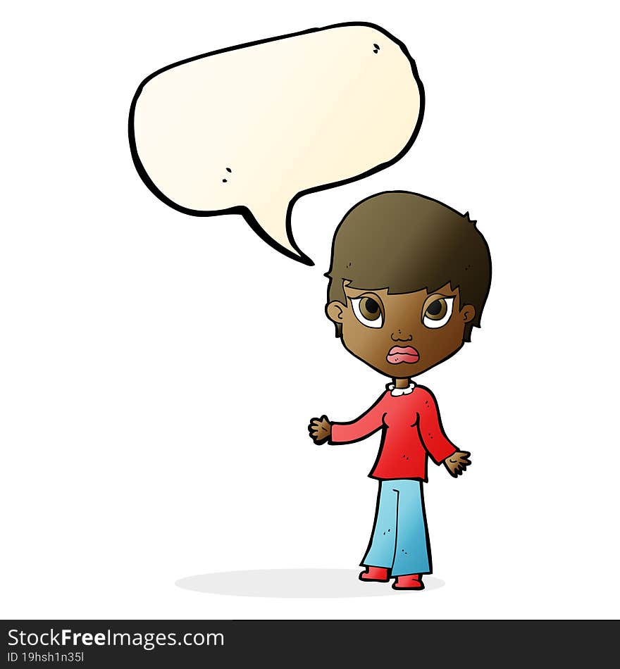 cartoon woman shrugging shoulders with speech bubble