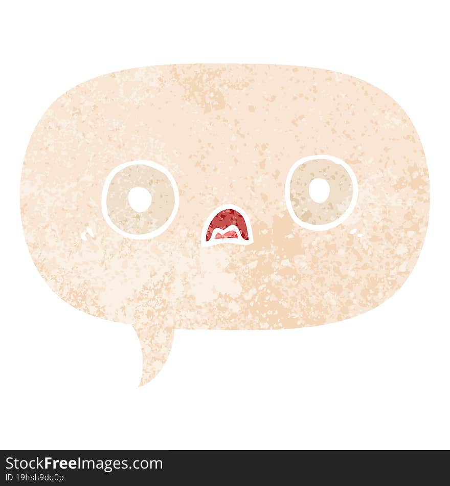 Cute Cartoon Face And Speech Bubble In Retro Textured Style