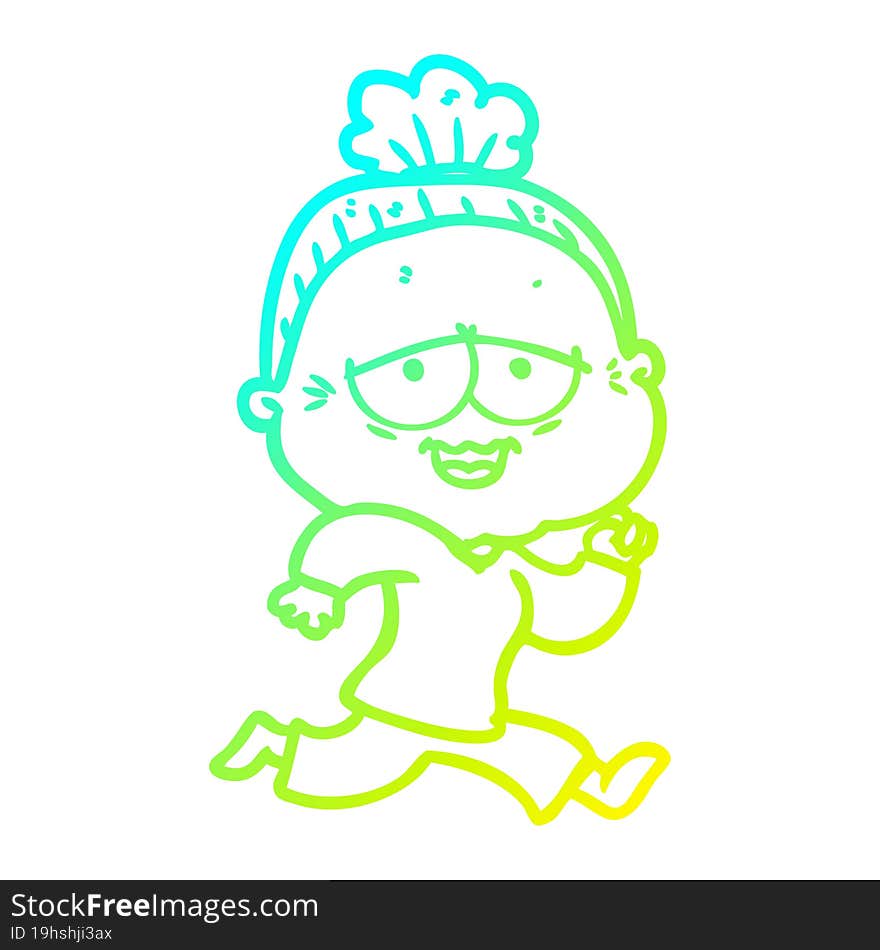 cold gradient line drawing of a cartoon happy old lady