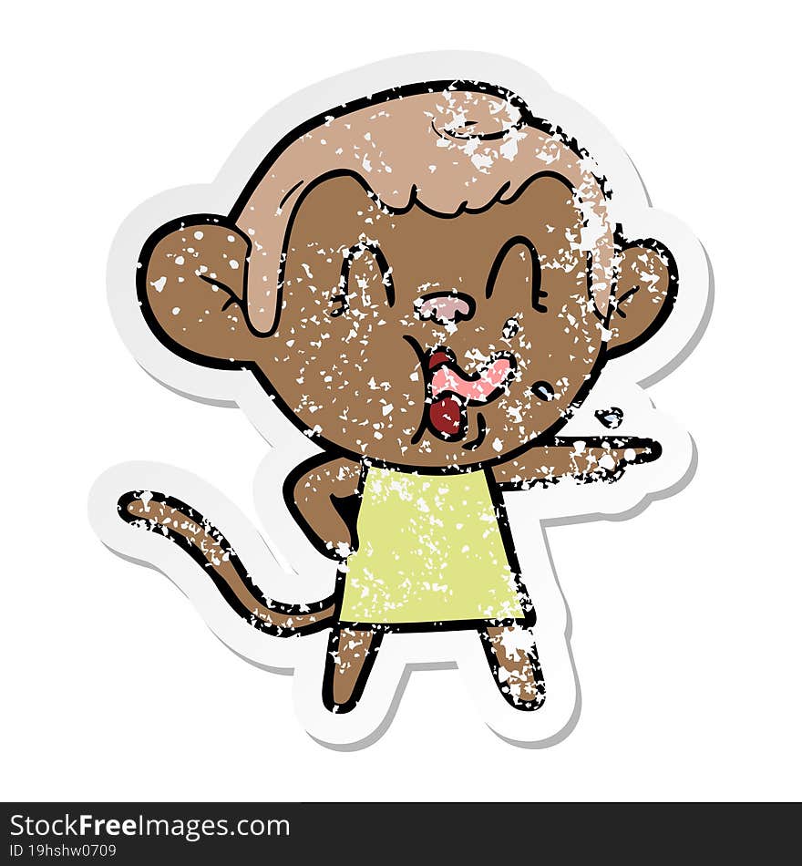 distressed sticker of a crazy cartoon monkey in dress pointing