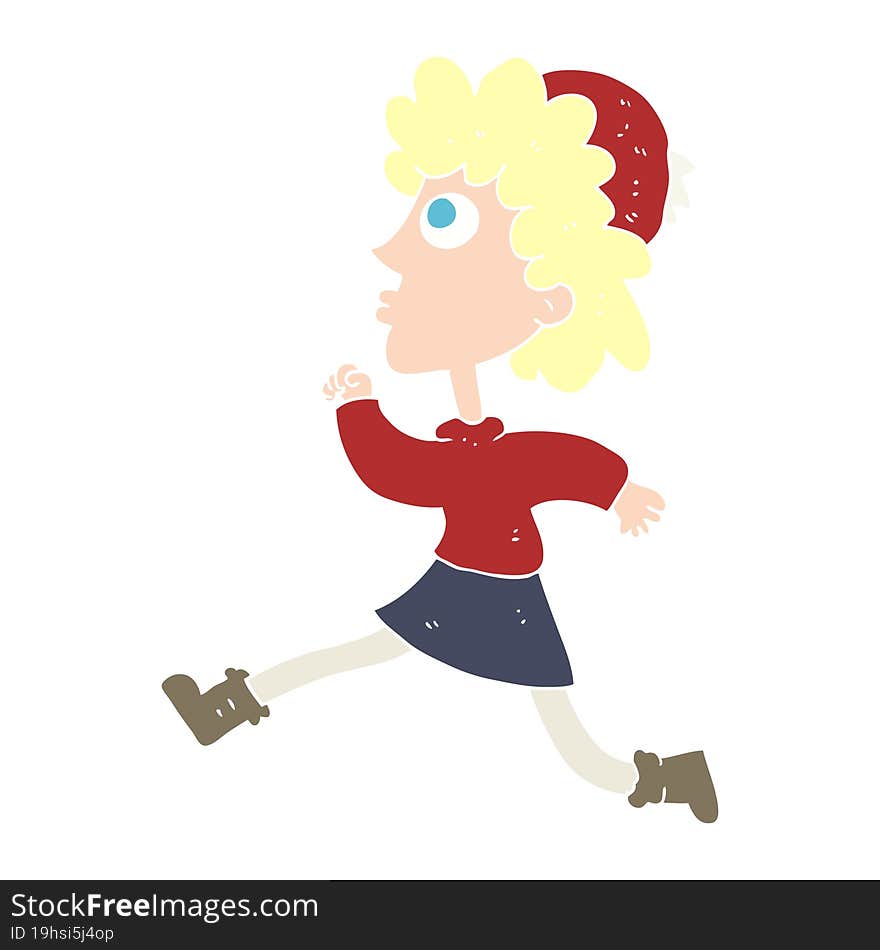 flat color illustration of a cartoon running woman