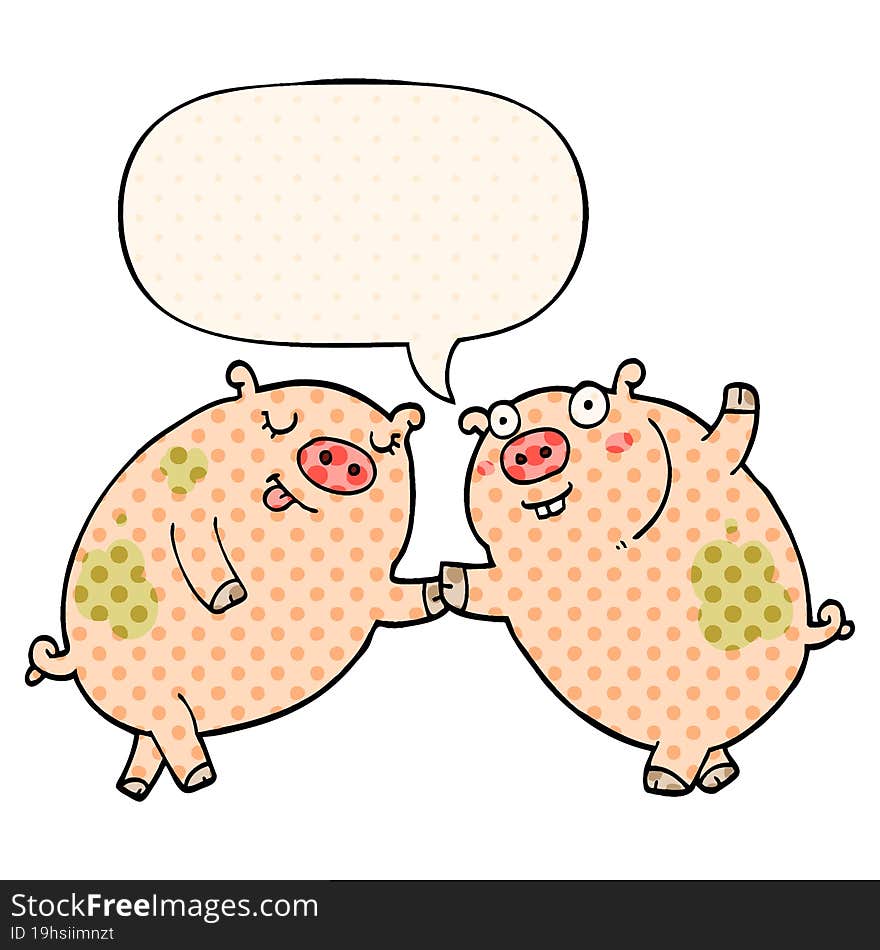 cartoon pigs dancing and speech bubble in comic book style