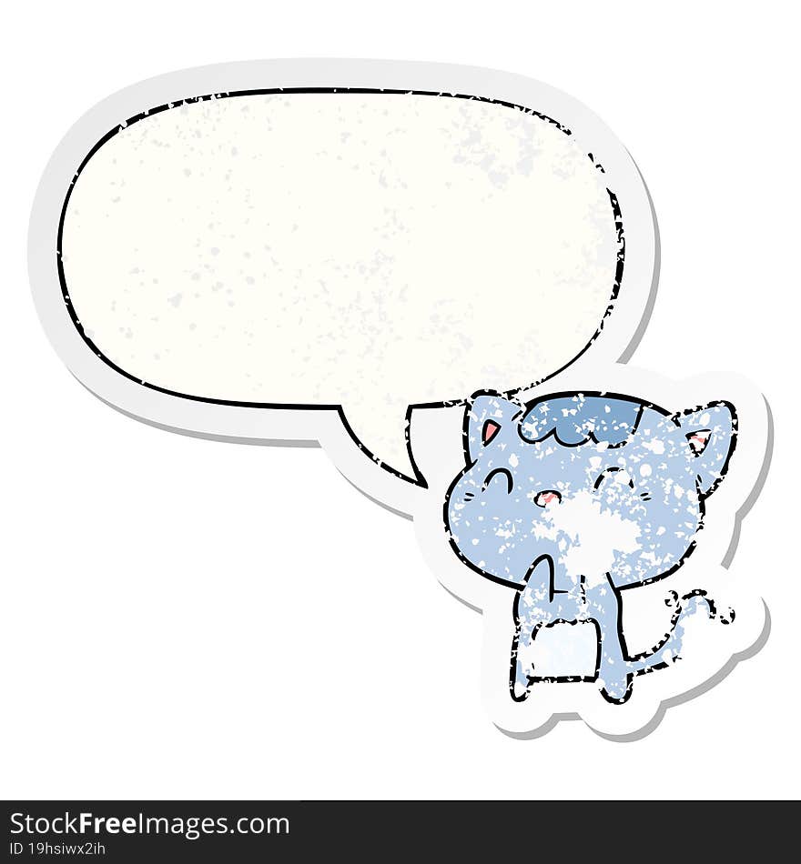 cute cartoon happy little cat with speech bubble distressed distressed old sticker. cute cartoon happy little cat with speech bubble distressed distressed old sticker