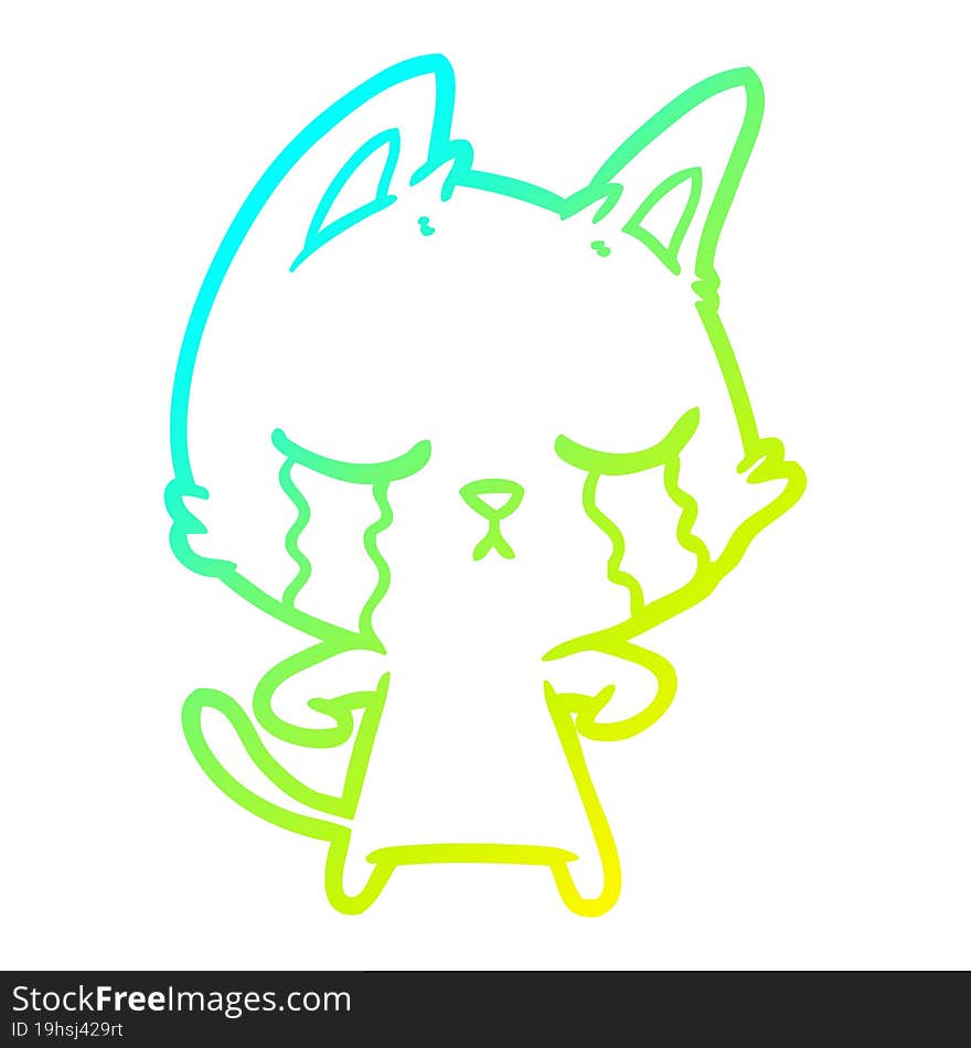 Cold Gradient Line Drawing Crying Cartoon Cat