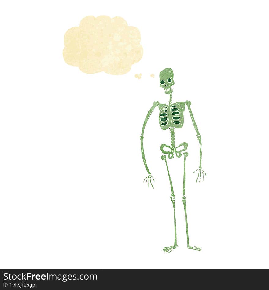 cartoon spooky skeleton with thought bubble