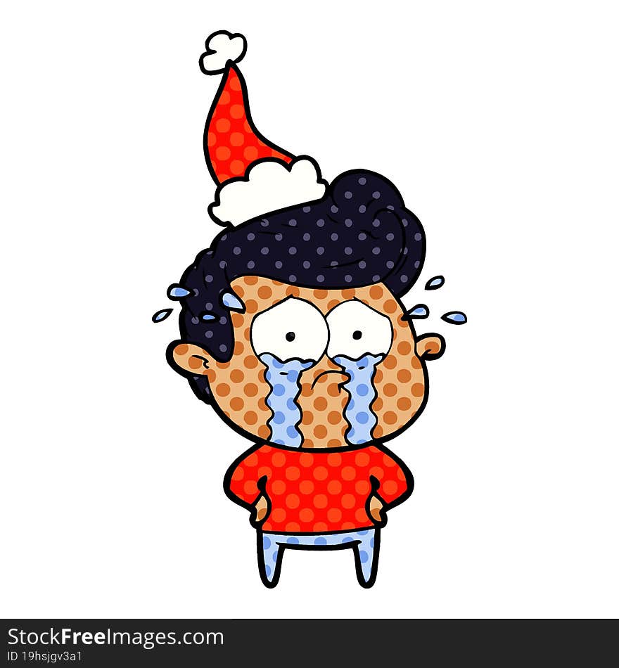 Comic Book Style Illustration Of A Crying Man Wearing Santa Hat