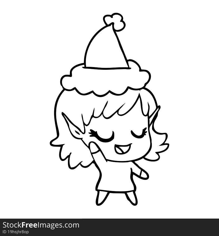 Happy Line Drawing Of A Elf Girl Wearing Santa Hat