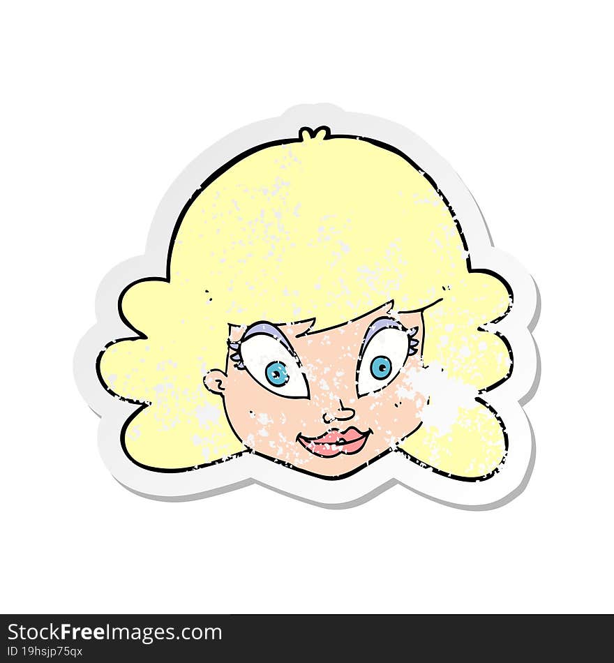 retro distressed sticker of a cartoon happy female face