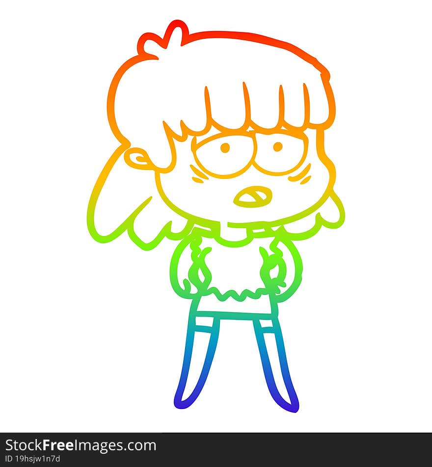 rainbow gradient line drawing cartoon tired woman