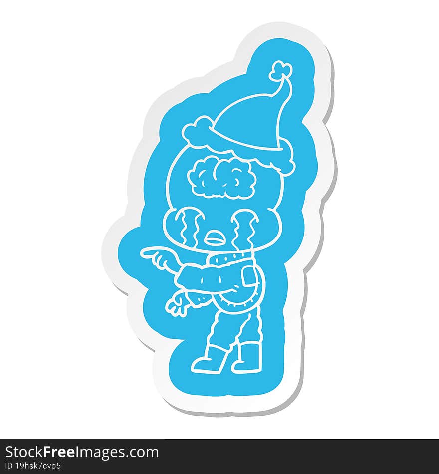 cartoon  sticker of a big brain alien crying and pointing wearing santa hat