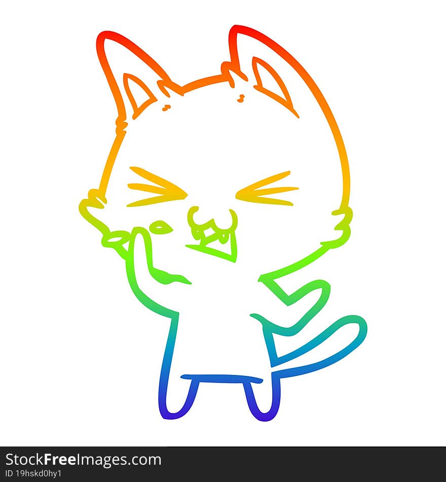 Rainbow Gradient Line Drawing Cartoon Cat Hissing