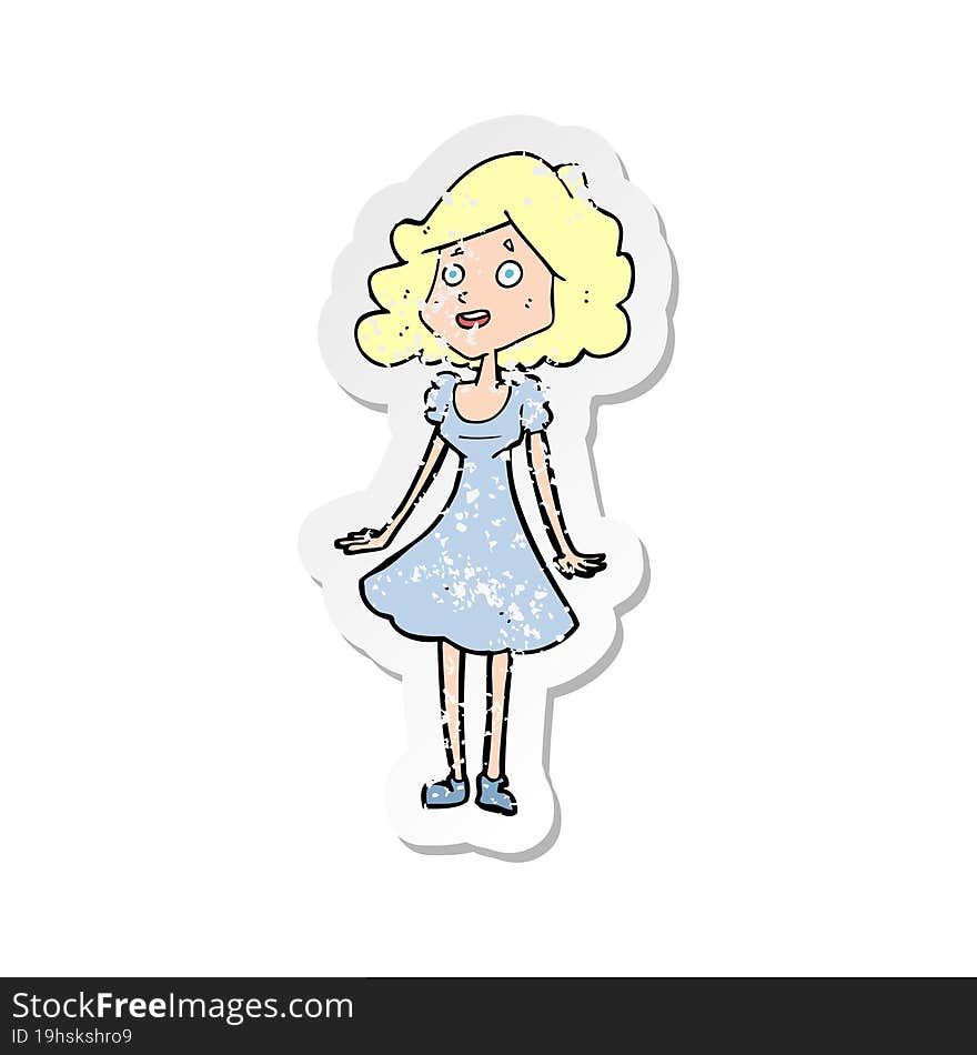 retro distressed sticker of a cartoon happy woman in dress