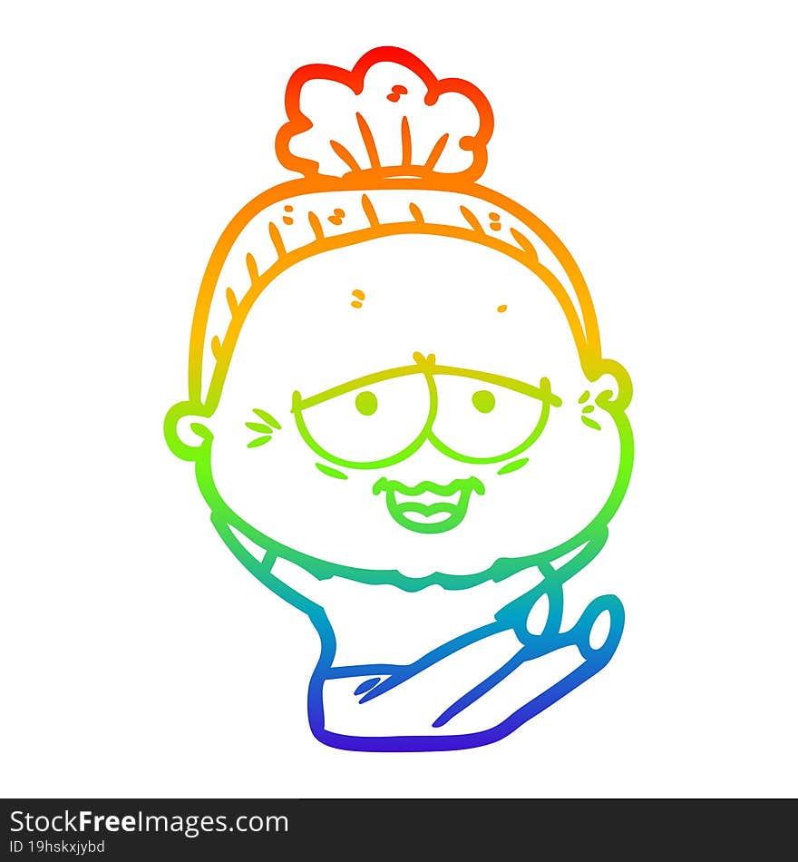 rainbow gradient line drawing of a cartoon happy old lady