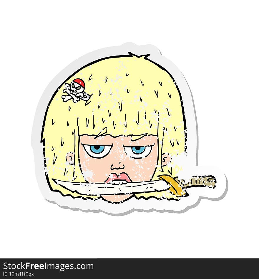 Retro Distressed Sticker Of A Cartoon Woman Holding Knife Between Teeth