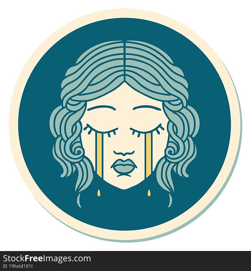 tattoo style sticker of female face crying