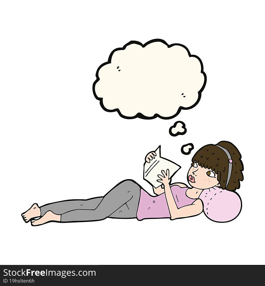 Cartoon Pretty Woman Reading Book With Thought Bubble