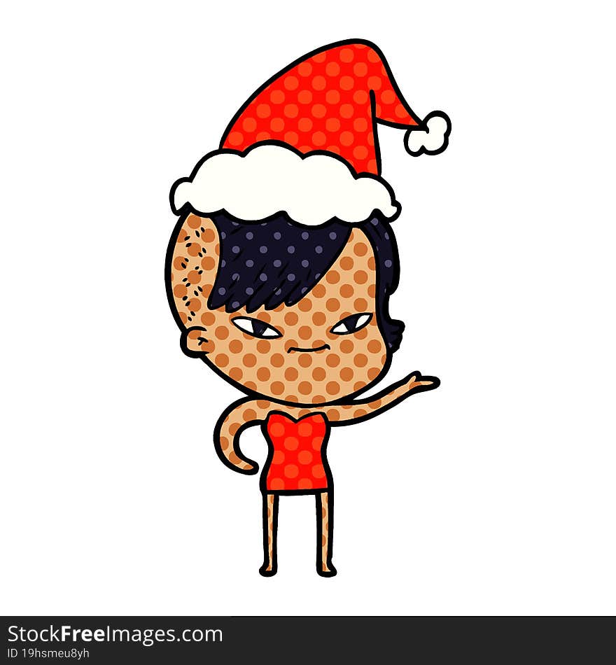 cute comic book style illustration of a girl with hipster haircut wearing santa hat