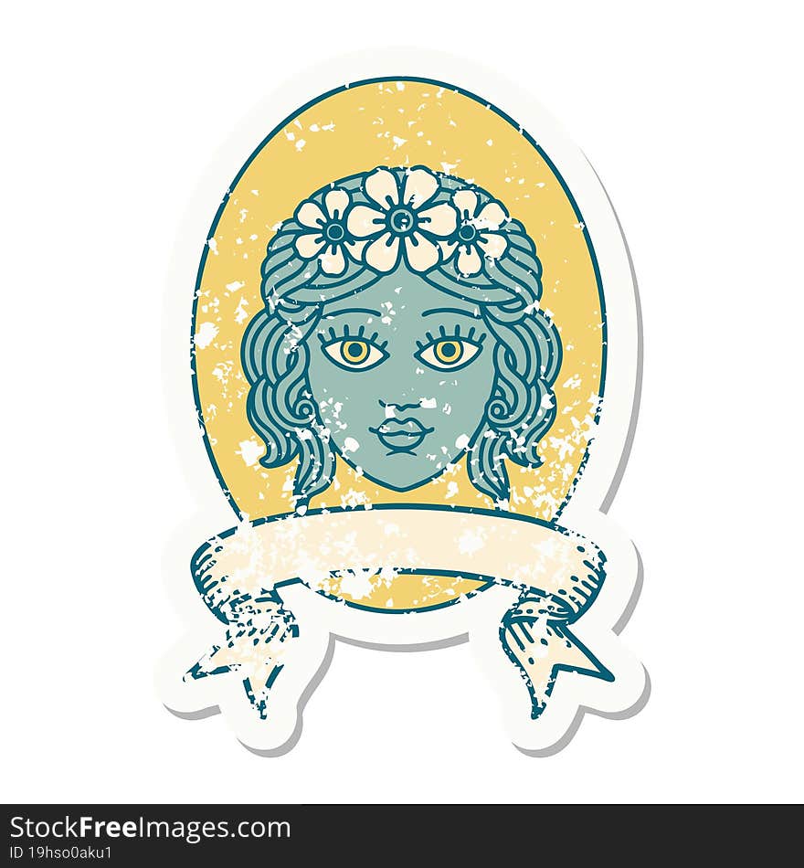 Grunge Sticker With Banner Of A Maiden With Crown Of Flowers