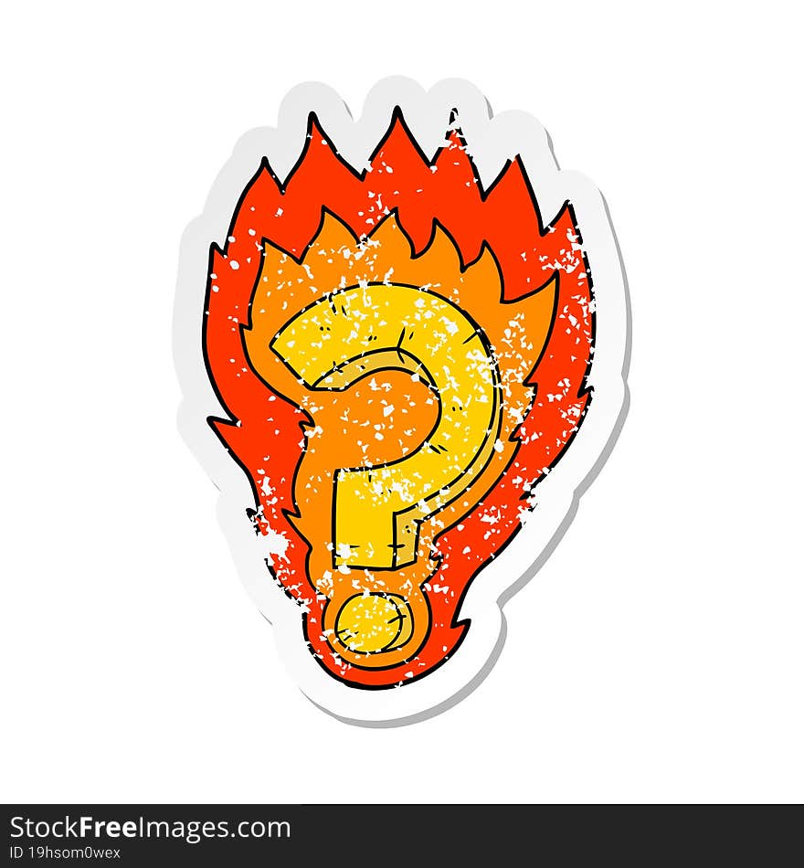 Distressed Sticker Of A Cartoon Flaming Question Mark