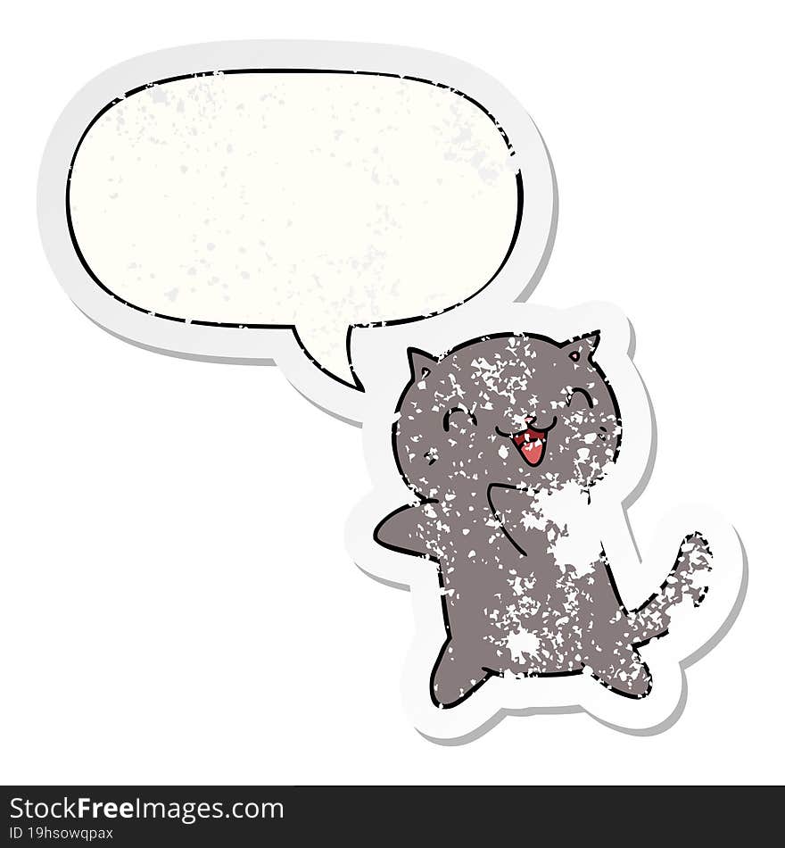 cartoon cat with speech bubble distressed distressed old sticker. cartoon cat with speech bubble distressed distressed old sticker