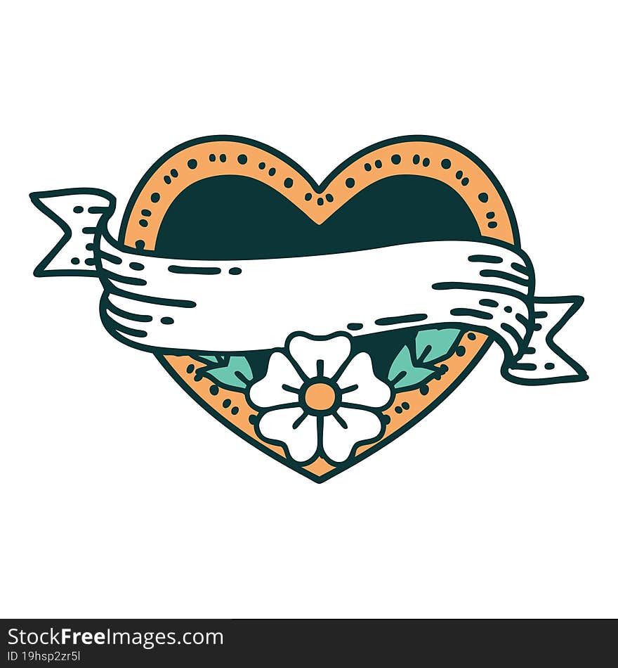 Tattoo Style Icon Of A Heart And Banner With Flowers