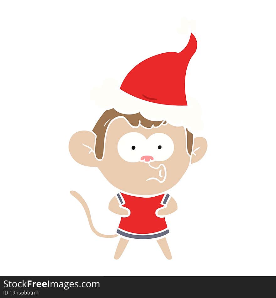 flat color illustration of a surprised monkey wearing santa hat