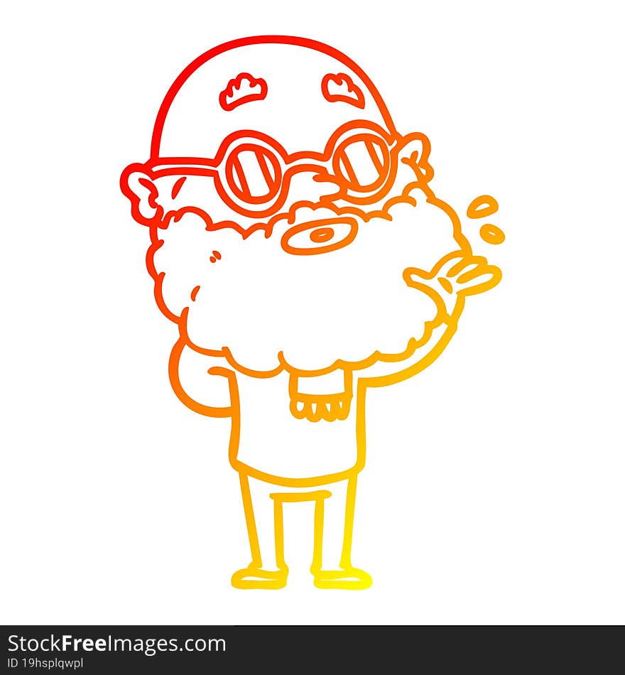 warm gradient line drawing of a cartoon curious man with beard and sunglasses